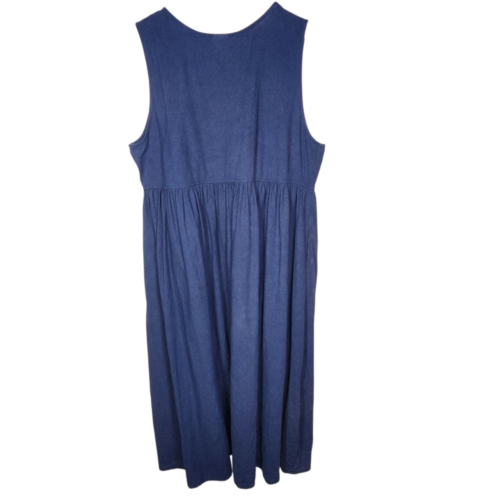 Vintage 90s Cottagecore Blue Sleeveless Dress Jumper Linen Pinafore Grandma L - Picture 4 of 13